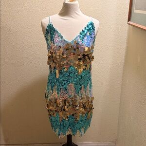 Turquoise Sequin Slip Dress with Gold Accents